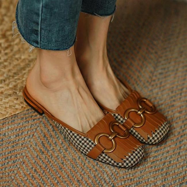 Patchwork Sqaure-toe Flat Mule Slip-on Shoes