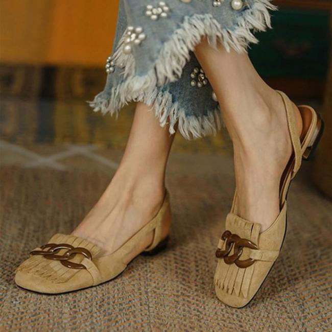 Square-toe Solid Color Splicing Tassel Chain Suede Leather Flat Shoes