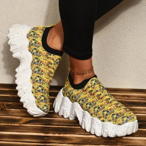 Women's Fashion Print Thick Sole Flying Knit Sneakers