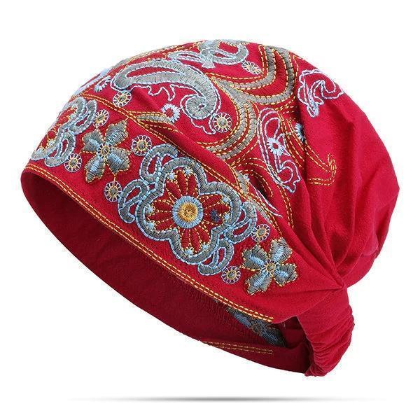 Women Embroidery Ethnic Cotton Beanie Hat Vintage Good Elastic Breathable Summer Turban Caps
