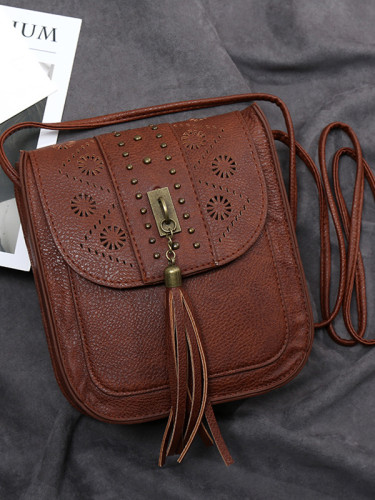 Carved Studded Tassel Washed Leather Crossbody Bag
