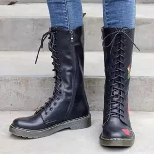 Womens Lacing Flower Pattern Boots