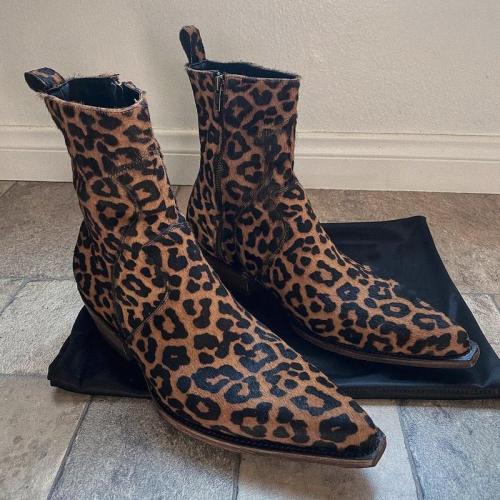 Men’s Handmade Leopard Print Mustered Ankle High Side Zipper Boot