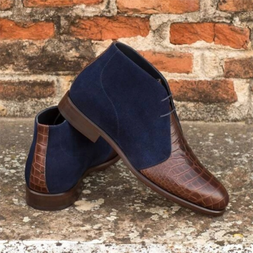 Fall Low-heel Round-toe Stone Pattern Stitching Men's Short Boots