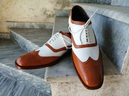 New Pure Handmade Men’s White & Tan Leather Shoes, Wing Tip Brogue Dress Lace Up Shoes