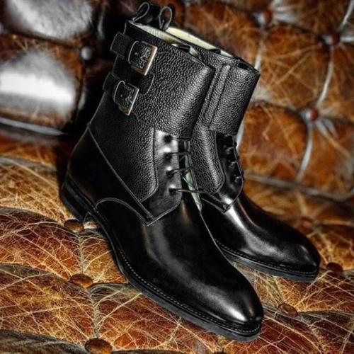 Handmade Black Lace Up Buckle Ankle High Boots