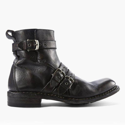 Men's Low Heel Belt Buckle Zipper Ankle Boots