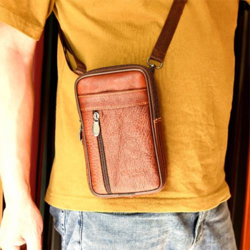 Men's Retro Double Layer Three Zipper Leather Belt Bag