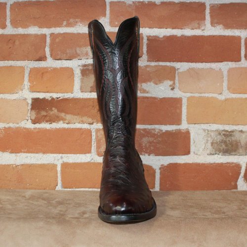 Men's 13  Ostrich Leather Boot in Black CherryW/Looping Stitch