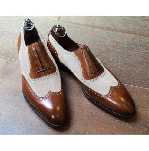 New Stylish Handmade Men's Two Tone Leather Formal Shoes, Beige And Brown Dress Shoes