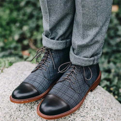 Men's Vintage Genuine Leather Plaid Lace Up Boots