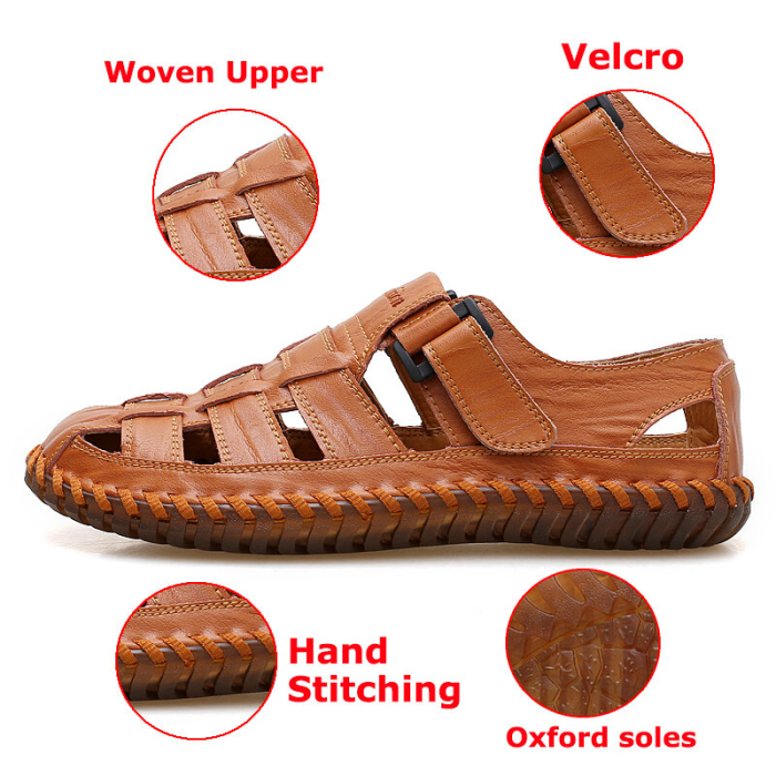 Men Cow Leather Hand Stitching Non Slip Large Size Soft Sole Sandals