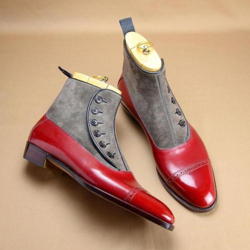 Handmade Leather Mix Suede Button Red Boots