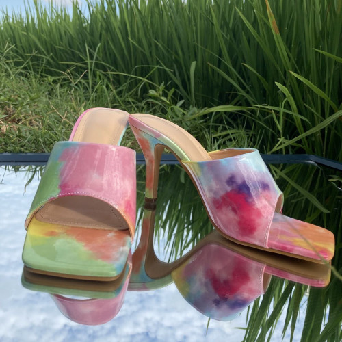 Square Head Fish Mouth Rainbow High Heel Slippers