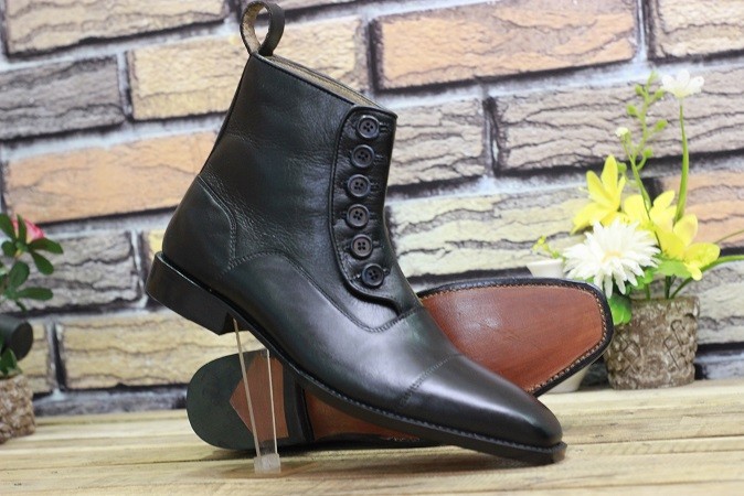 New Handmade Men's Black Leather Stylish Ankle High Button Boots