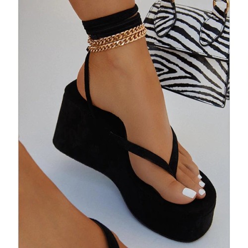 Ankle Chain Lace-Up Thong Entry Wedge Platform Sandals