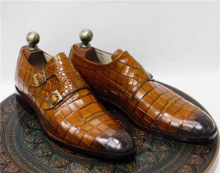 Men's Handmade Burgundy Crocodile Textured Leather Double Buckle Monk Strap Dress & Formal Wear Shoes