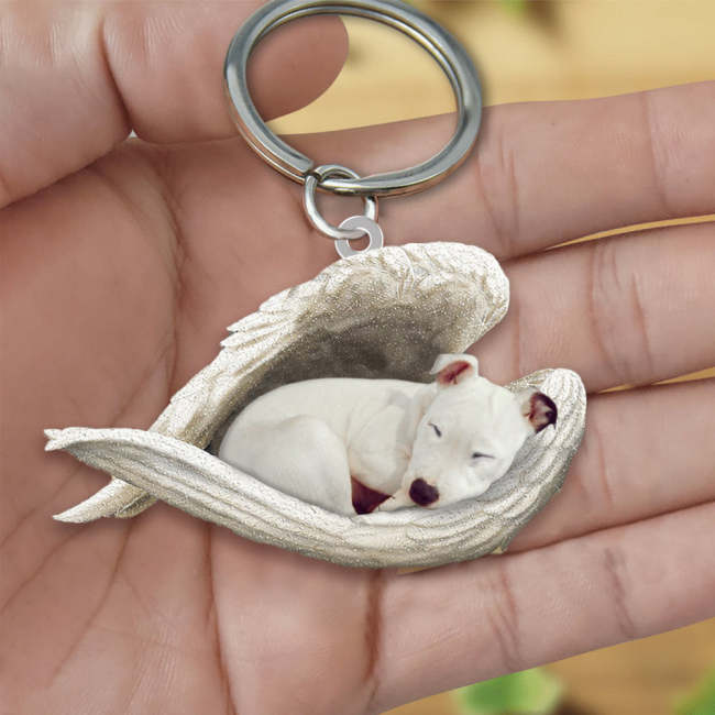 White Staffie Sleeping Angel Acrylic Keychaine | Shop Now