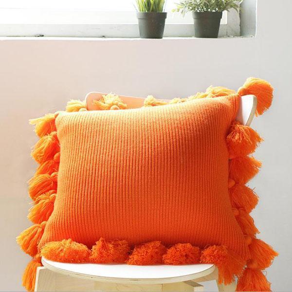 Tassels Knitted Throw Pillow case with Pompoms Tassels Suitable for Home Office Car Sofa
