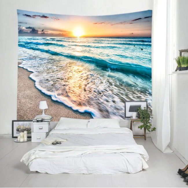 Sunrise Beach Waves Print Tapestry Wall Hanging Art