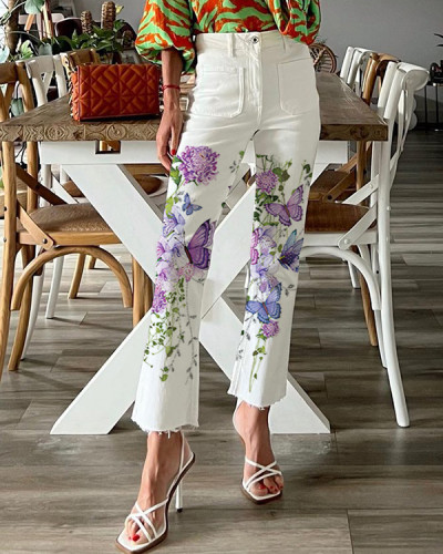 Casual Butterfly Floral Print Pants