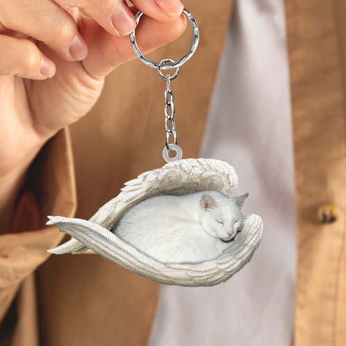White Cat Sleeping Angel Acrylic Keychain