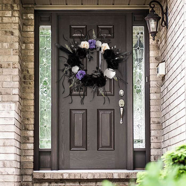 Rose Wreath with Skull Spooky Skeleton Rose Wreath