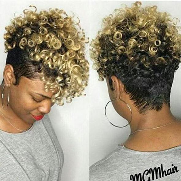 Black Gold Short Pixed Cut Spiral Curly Tapered Wig With Bang