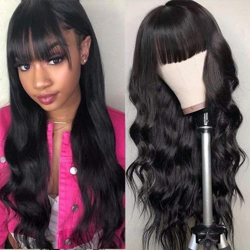 Black Long Hair Loose Deep Wave Wigs with Bangs for Black Women 150% Density