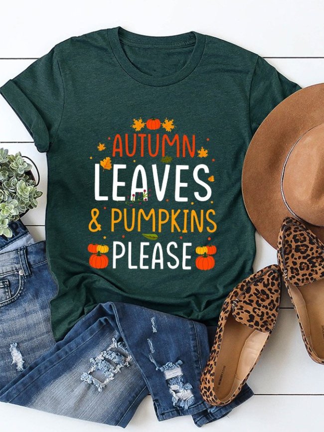 Women's Autumn Leaves&Pumpkins Please Casual Cotton Tee