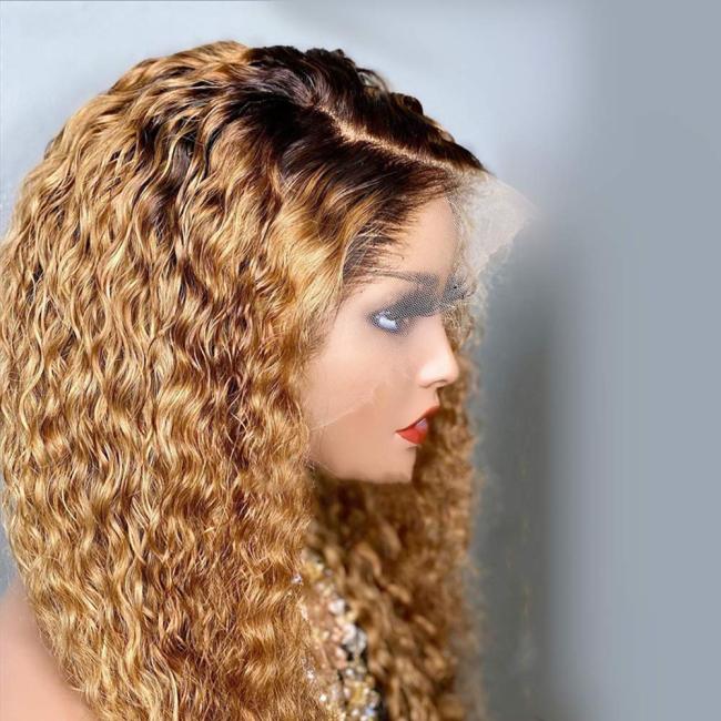 Black Gradient Light Brown Brazilian Water Wave Curly Wigs