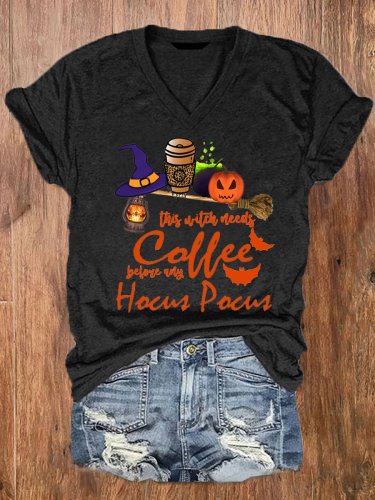 Women's This Witch Needs Coffee Before Any Broom Pumpkin Print Top