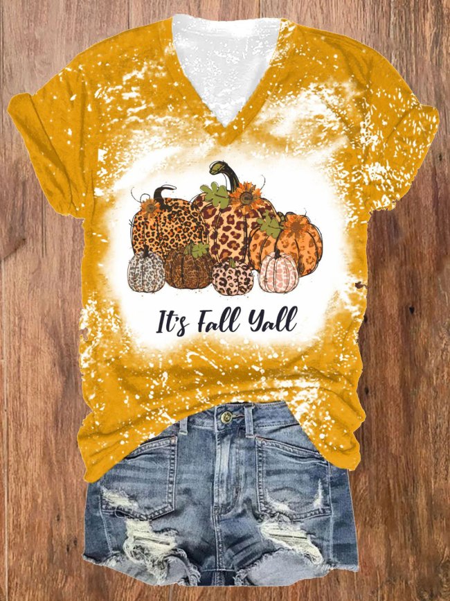 Women's Halloween Pumpkin It's Fall Yall Tie DyePrint V-Neck T-Shirt