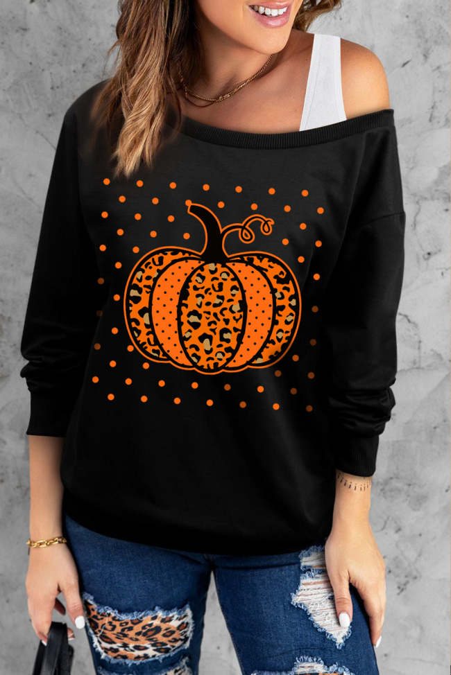 Polka Dots Pumpkin Graphic Off Shoulder Casual Sweatshirt