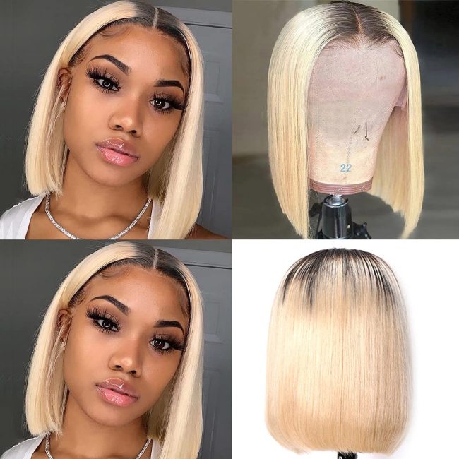Ombre Blonde Centre Parting Short Bob Hair Staight Wigs