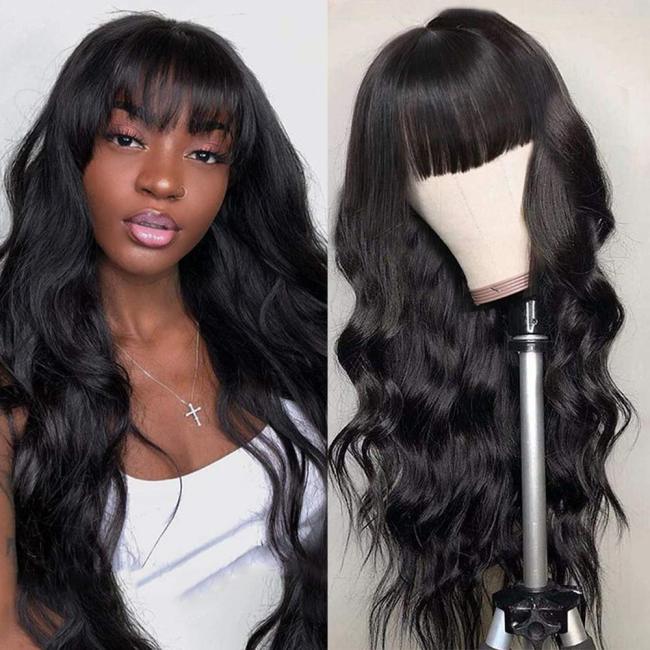 Black Long Hair Loose Deep Wave Wigs with Bangs for Black Women 150% Density