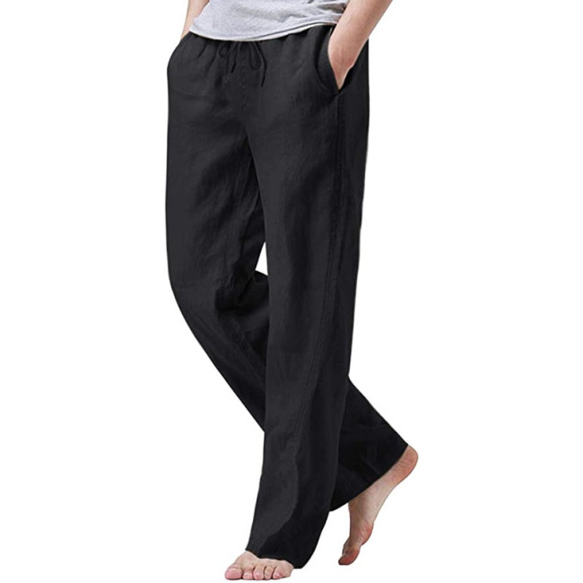 Mens Cotton Linen Drawstring Pants Elastic Waist Casual Jogger Yoga Pants