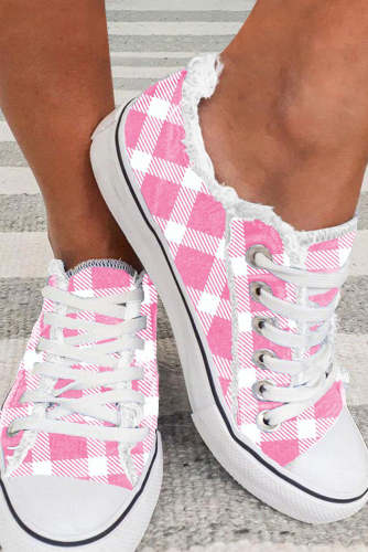 Pink Plaid Stripe Graphic Lace-Up Canvas Shoes