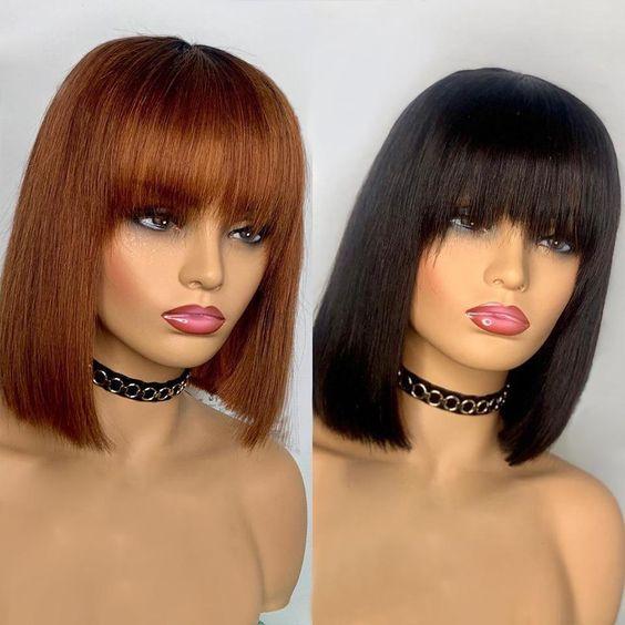Brown Brazilian Straight Hair BOB Wigs Lady Wig With Bangs
