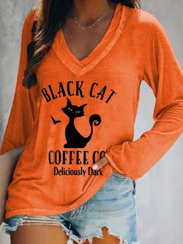 Women's Halloween Black Cat Coffee Company Casual V-Neck Long-Sleeve T-Shirt