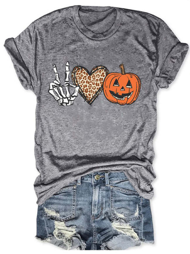Skull Peace Love Pumpkin Halloween Round Neck Short Sleeves T-shirt