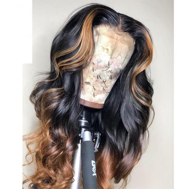 Black Gradient Gold Wave Wigs Middle Part Glueless Long Hair Wave Wigs