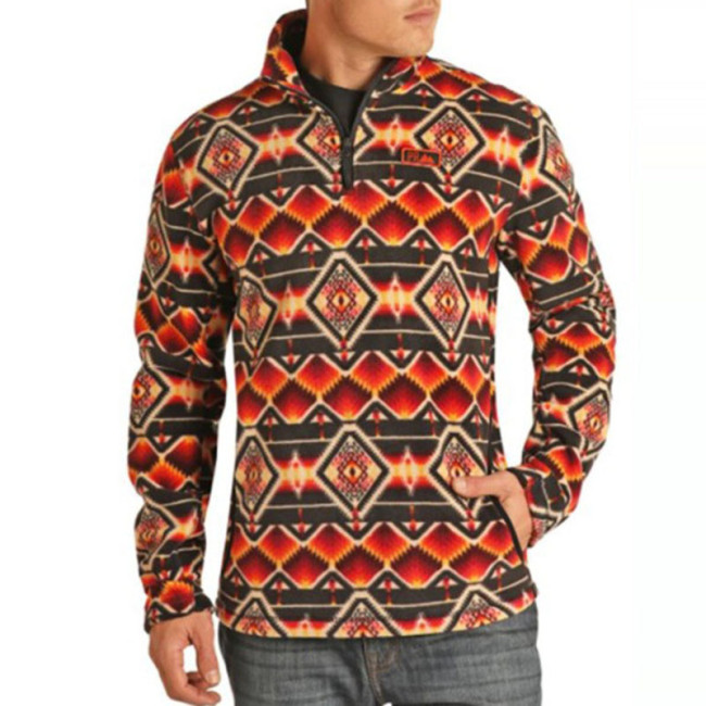 Orange Half Zip Western Print Sweatshirt