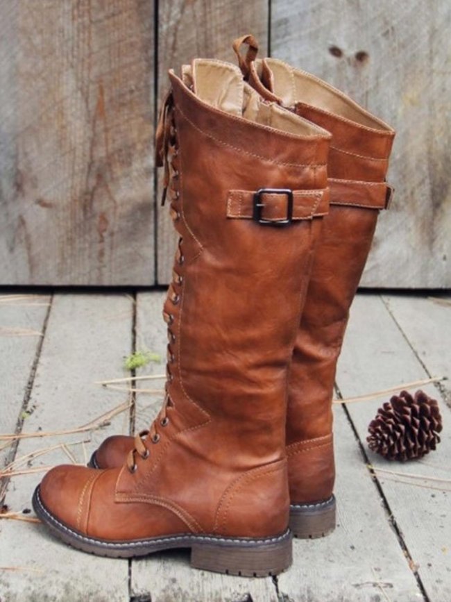 Vintage Solid Fork Lace-Up Rider Boots