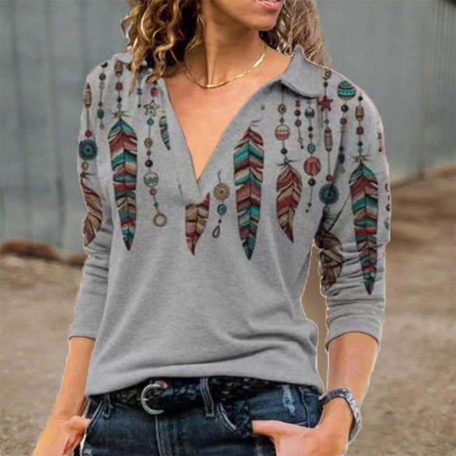 Ladies Retro Ethnic Western Printed Long Sleeve Top