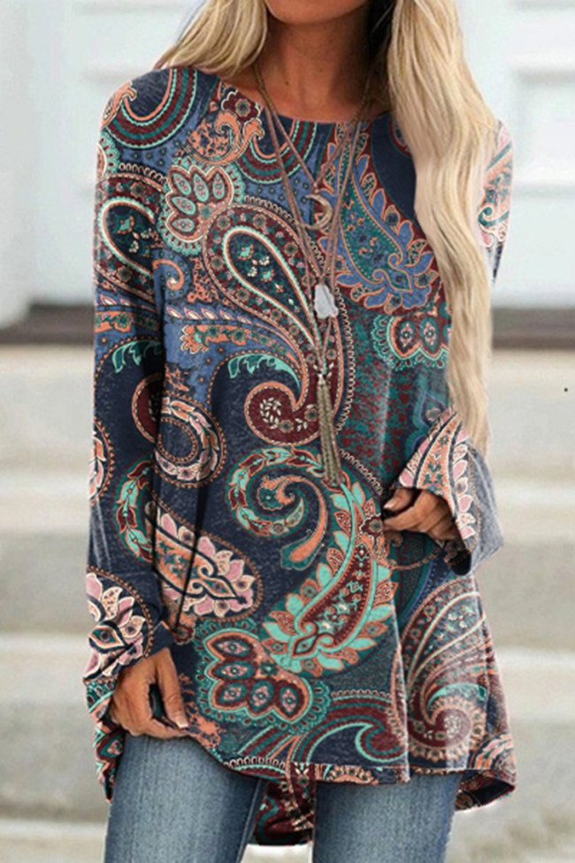 Vintage Floral Print Long Sleeve Casual Tunic