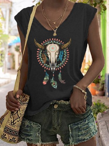 Vintage Western Feather Print V-Neck Casual Tank Top