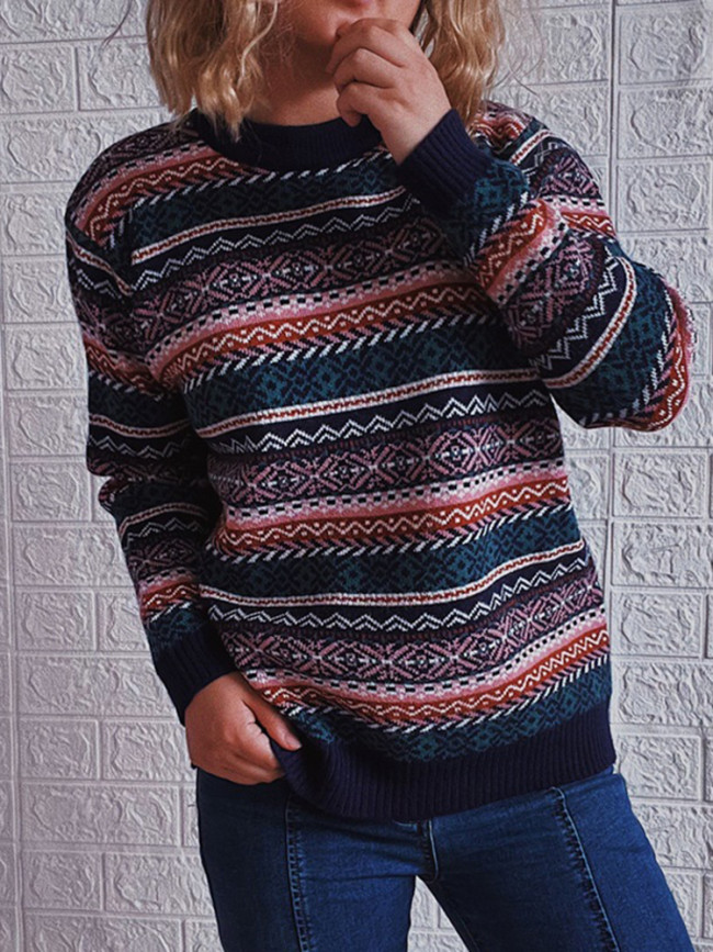 Vintage Ethnic Striped Crew Neck Long Sleeve Sweater
