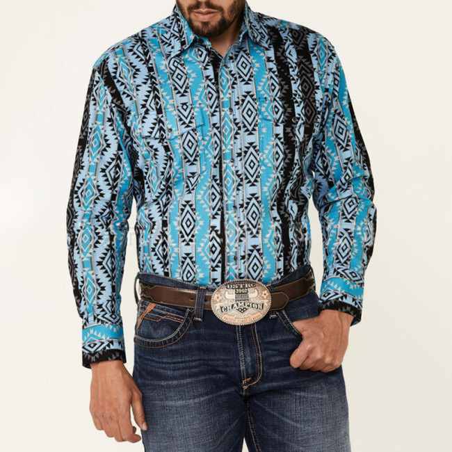 Western Geometric Stripe Casual Blue Shirt