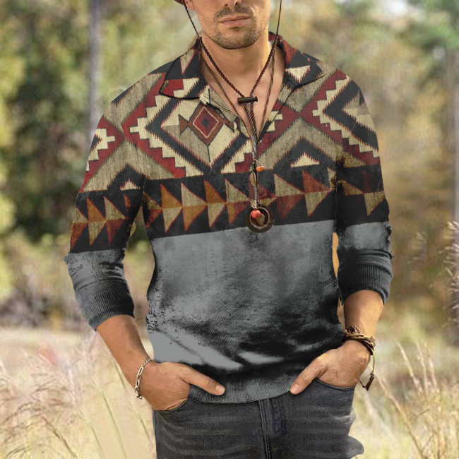 Western Style Positioned Floral Long Sleeve Polo Shirt